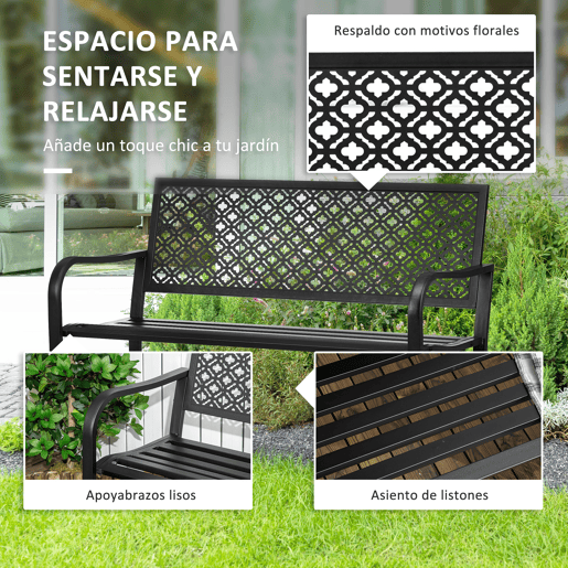 Outsunny Banco de Jardim de Aço Banco de Exterior de 2 Lugares com Encosto Decorativo para Terraço Varanda Pátio Carga Máxima 240kg 127x63x83cm Preto