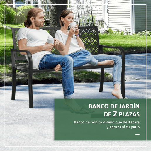 Outsunny Banco de Jardim de Aço Banco de Exterior de 2 Lugares com Encosto Decorativo para Terraço Varanda Pátio Carga Máxima 240kg 127x63x83cm Preto