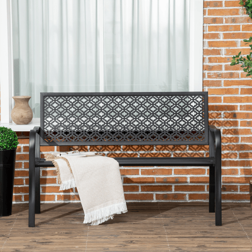 Outsunny Banco de Jardim de Aço Banco de Exterior de 2 Lugares com Encosto Decorativo para Terraço Varanda Pátio Carga Máxima 240kg 127x63x83cm Preto
