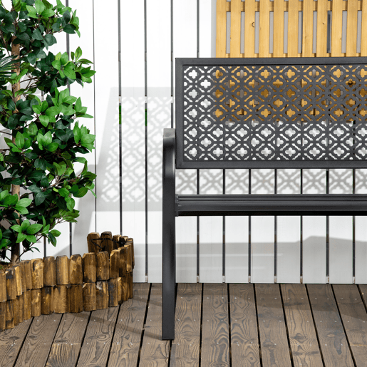 Outsunny Banco de Jardim de Aço Banco de Exterior de 2 Lugares com Encosto Decorativo para Terraço Varanda Pátio Carga Máxima 240kg 127x63x83cm Preto