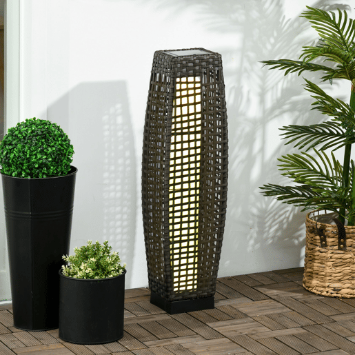 Outsunny Candeeiro de Jardim de Vime Sintético Candeeiro Solar de Exterior com Luzes LED LigarDesligar Automático para Varanda Pátio 21x21x78cm Cinza