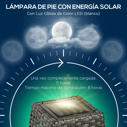 Outsunny Candeeiro de Jardim de Vime Sintético Candeeiro Solar de Exterior com Luzes LED LigarDesligar Automático para Varanda Pátio 21x21x78cm Cinza
