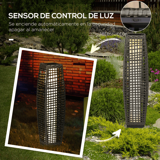Outsunny Candeeiro de Jardim de Vime Sintético Candeeiro Solar de Exterior com Luzes LED LigarDesligar Automático para Varanda Pátio 21x21x78cm Cinza