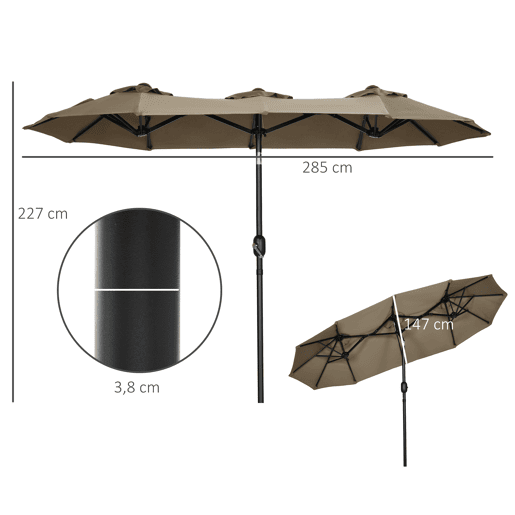 Outsunny Chapéu de Sol Duplo 3x1,5m para Terraço Exterior com Inclinação de 45° Manivela Manual e 3 Orifícios de Ventilação Chapéu de Sol Grande para Terraço, Praia e Piscina Cinzento