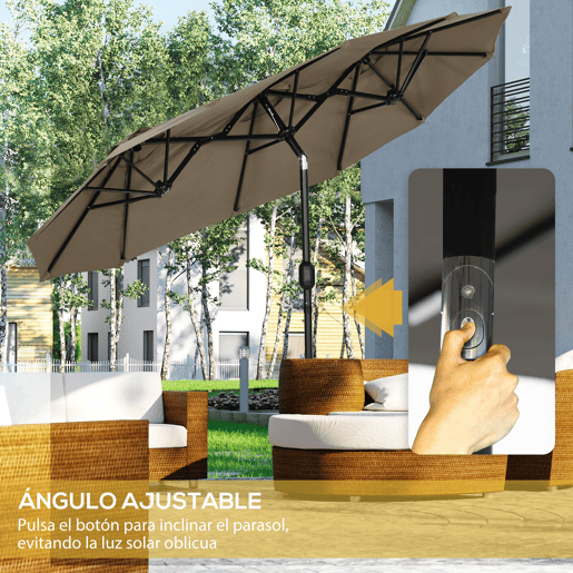 Outsunny Chapéu de Sol Duplo 3x1,5m para Terraço Exterior com Inclinação de 45° Manivela Manual e 3 Orifícios de Ventilação Chapéu de Sol Grande para Terraço, Praia e Piscina Cinzento