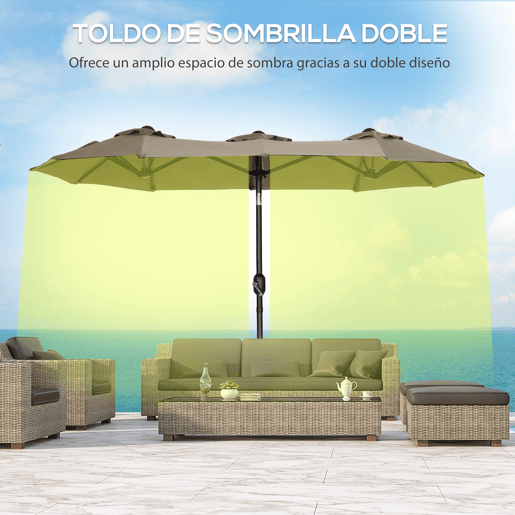 Outsunny Chapéu de Sol Duplo 3x1,5m para Terraço Exterior com Inclinação de 45° Manivela Manual e 3 Orifícios de Ventilação Chapéu de Sol Grande para Terraço, Praia e Piscina Cinzento
