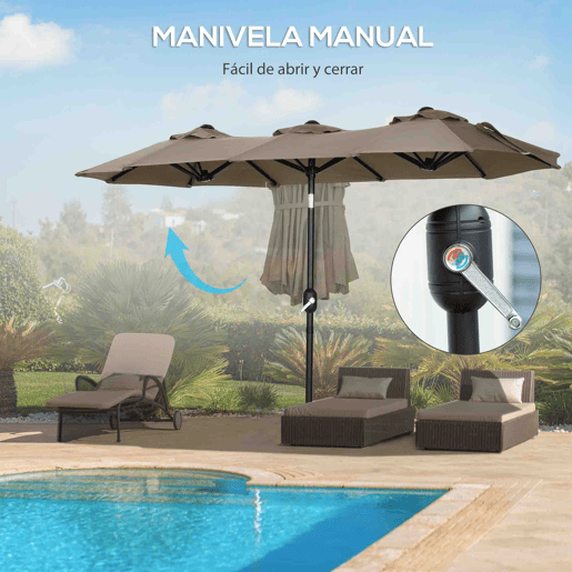 Outsunny Chapéu de Sol Duplo 3x1,5m para Terraço Exterior com Inclinação de 45° Manivela Manual e 3 Orifícios de Ventilação Chapéu de Sol Grande para Terraço, Praia e Piscina Cinzento