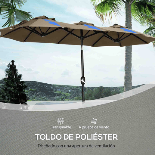 Outsunny Chapéu de Sol Duplo 3x1,5m para Terraço Exterior com Inclinação de 45° Manivela Manual e 3 Orifícios de Ventilação Chapéu de Sol Grande para Terraço, Praia e Piscina Cinzento