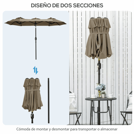 Outsunny Chapéu de Sol Duplo 3x1,5m para Terraço Exterior com Inclinação de 45° Manivela Manual e 3 Orifícios de Ventilação Chapéu de Sol Grande para Terraço, Praia e Piscina Cinzento