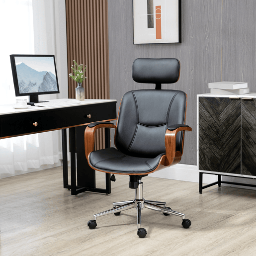 Vinsetto Cadeira de Escritório Operativa de Couro PU com Apoio para a Cabeça Amovível Altura Ajustável 63x62x110-120cm Preto e Madeira