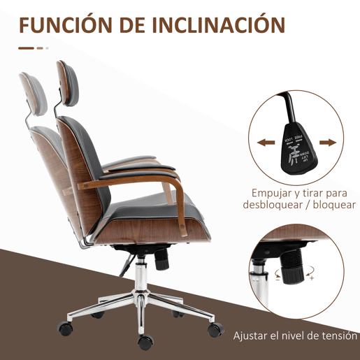 Vinsetto Cadeira de Escritório Operativa de Couro PU com Apoio para a Cabeça Amovível Altura Ajustável 63x62x110-120cm Preto e Madeira