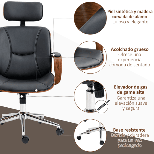 Vinsetto Cadeira de Escritório Operativa de Couro PU com Apoio para a Cabeça Amovível Altura Ajustável 63x62x110-120cm Preto e Madeira