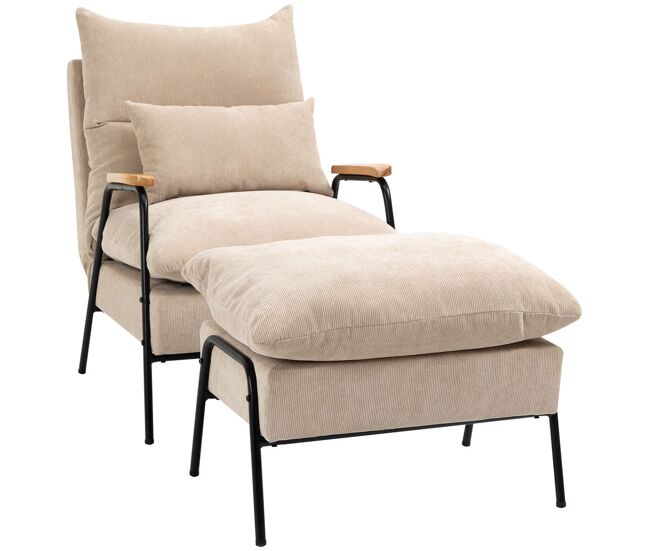 Homcom sillón de relax con reposapiés sillón reclinable con respaldo ajustable tapizado en pana marco de acero y cojines para salón dormitorio 68x91,5x88 cm beige