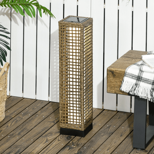 Outsunny Candeeiro de Jardim de Vime Sintético Candeeiro Solar de Exterior com Luzes LED LigarDesligar Automático para Varanda Pátio 15,5x15,5x69cm Marrom Areia