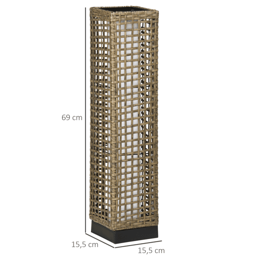 Outsunny Candeeiro de Jardim de Vime Sintético Candeeiro Solar de Exterior com Luzes LED LigarDesligar Automático para Varanda Pátio 15,5x15,5x69cm Marrom Areia