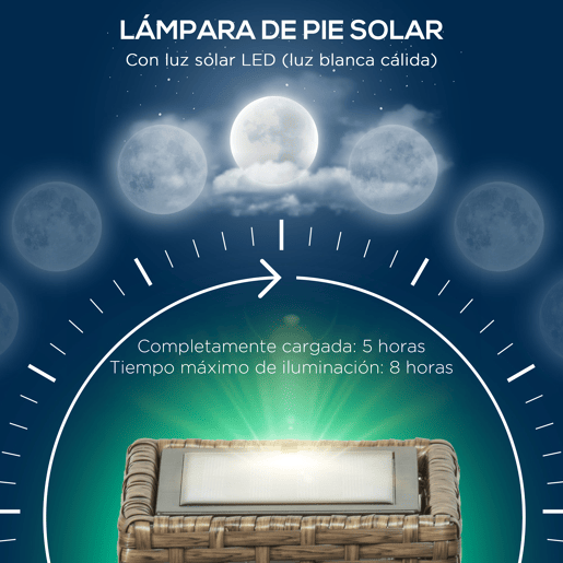 Outsunny Candeeiro de Jardim de Vime Sintético Candeeiro Solar de Exterior com Luzes LED LigarDesligar Automático para Varanda Pátio 15,5x15,5x69cm Marrom Areia