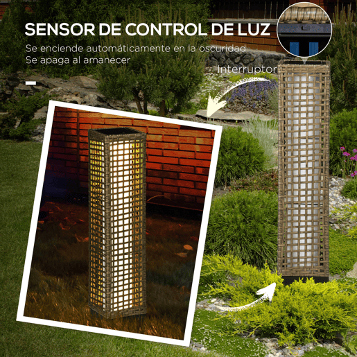 Outsunny Candeeiro de Jardim de Vime Sintético Candeeiro Solar de Exterior com Luzes LED LigarDesligar Automático para Varanda Pátio 15,5x15,5x69cm Marrom Areia