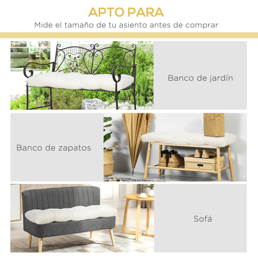 Outsunny Almofada para Bancos de 2 Lugares 110x48x8cm Almofada Retangular para Interiores e Exteriores Lavável com Costura Elegante e Confortável para Bancos Sofás Creme