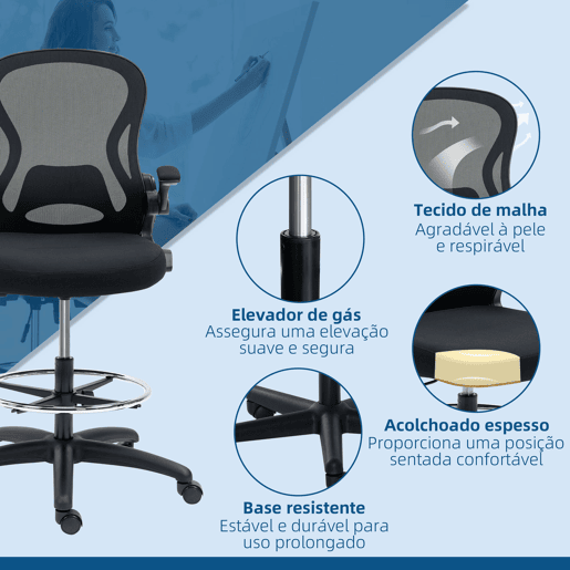 Vinsetto Cadeira de Escritório com Encosto Médio Suporte Lombar Apoio para os Braços Dobrável e Altura Ajustável Carga Máxima 120kg 59x65x102-122 cm Preto