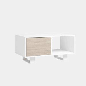 Mesa de café com portas, sala de jantar, modelo WIND, cor branco e carvalho, 92x50x45cm