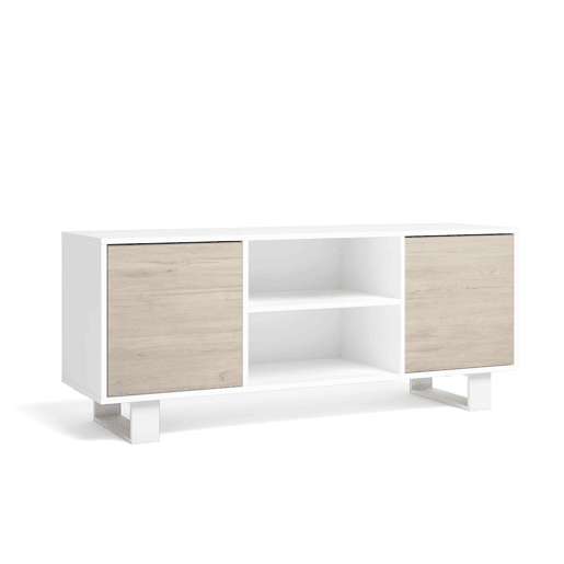 Móvel de TV 140 com 2 portas, sala de estar, modelo WIND, cor Branco e Carvalho, 137x40x57cm