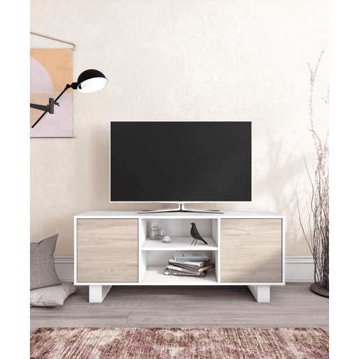 Móvel de TV 140 com 2 portas, sala de estar, modelo WIND, cor Branco e Carvalho, 137x40x57cm