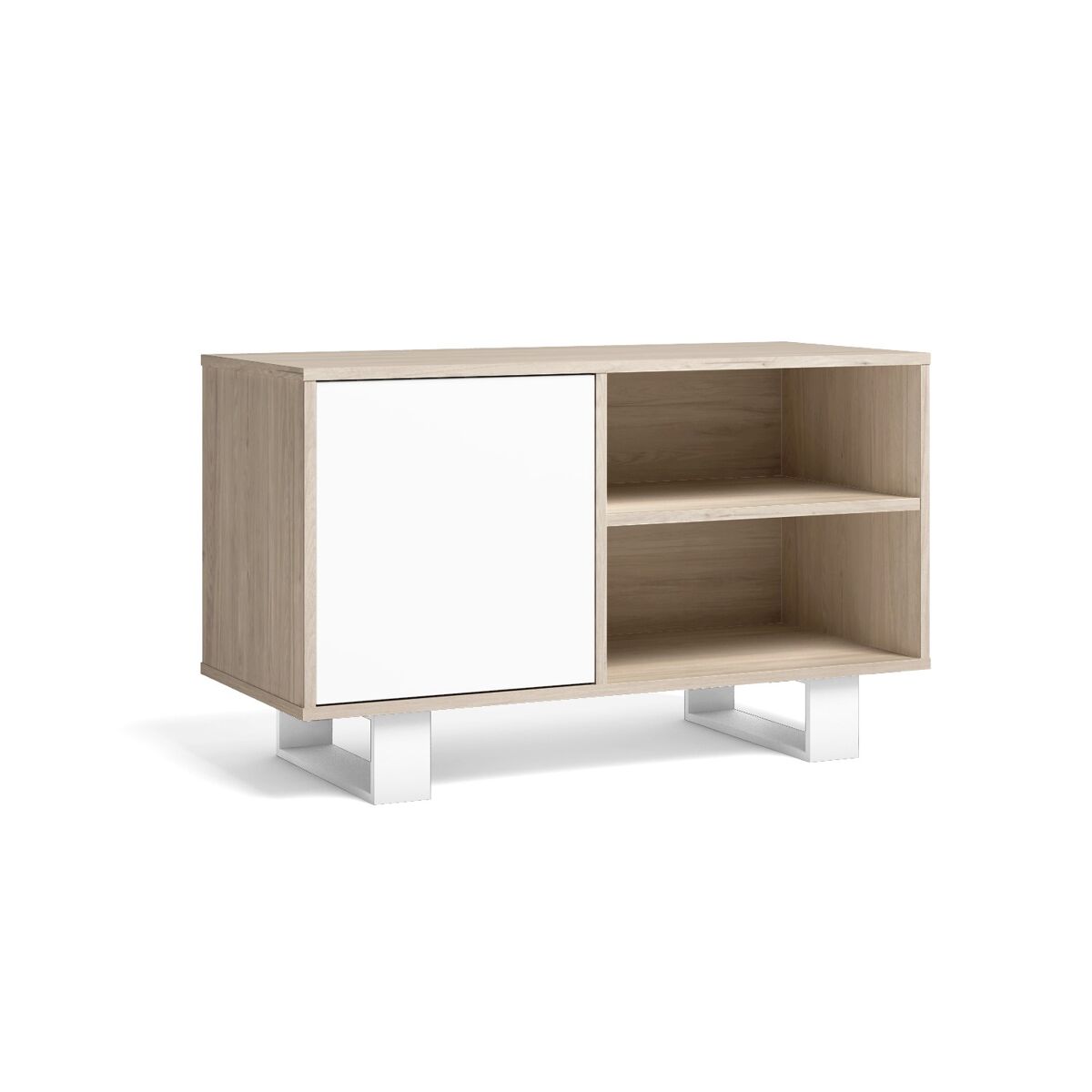 Mueble tv 100 con puerta izquierda, salón comedor, modelo wind, color roble y blanco, 95x40x57cm