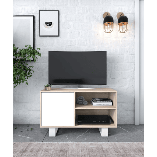 Móvel de TV 100 com porta esquerda, sala de estar, modelo WIND, cor carvalho e branca, 95x40x57cm.