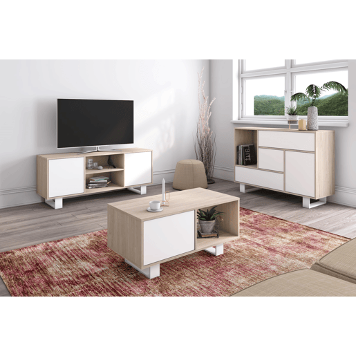 Móvel de TV 100 com porta esquerda, sala de estar, modelo WIND, cor carvalho e branca, 95x40x57cm.