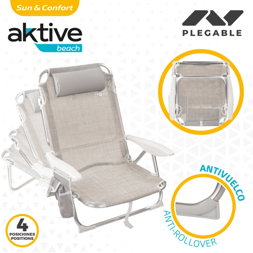 Aktive Cadeira dobrável multiposições bege com almofada e bolso