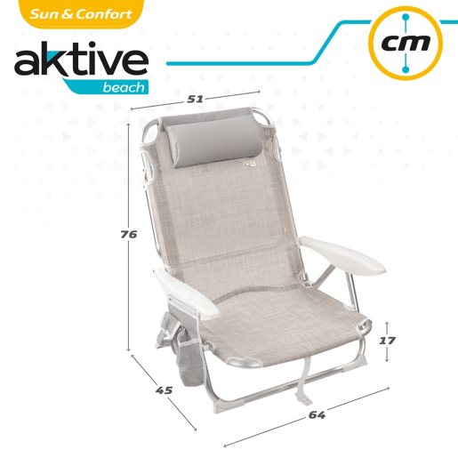 Aktive Cadeira dobrável multiposições bege com almofada e bolso