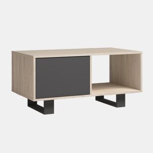 Mesa de café com portas, modelo WIND, cor Carvalho e Cinzento antracite, 92x50x45cm