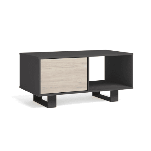 Mesa de café com portas, sala de jantar, modelo WIND, cor Cinzento antracite e Carvalho, 92x50x45cm