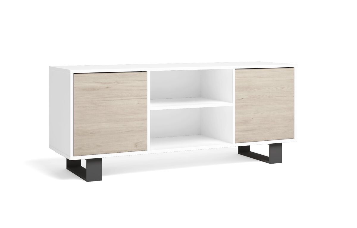 Mueble tv 140 con 2 puertas, salón comedor, modelo wind, color blanco y roble, 137x40x57cm