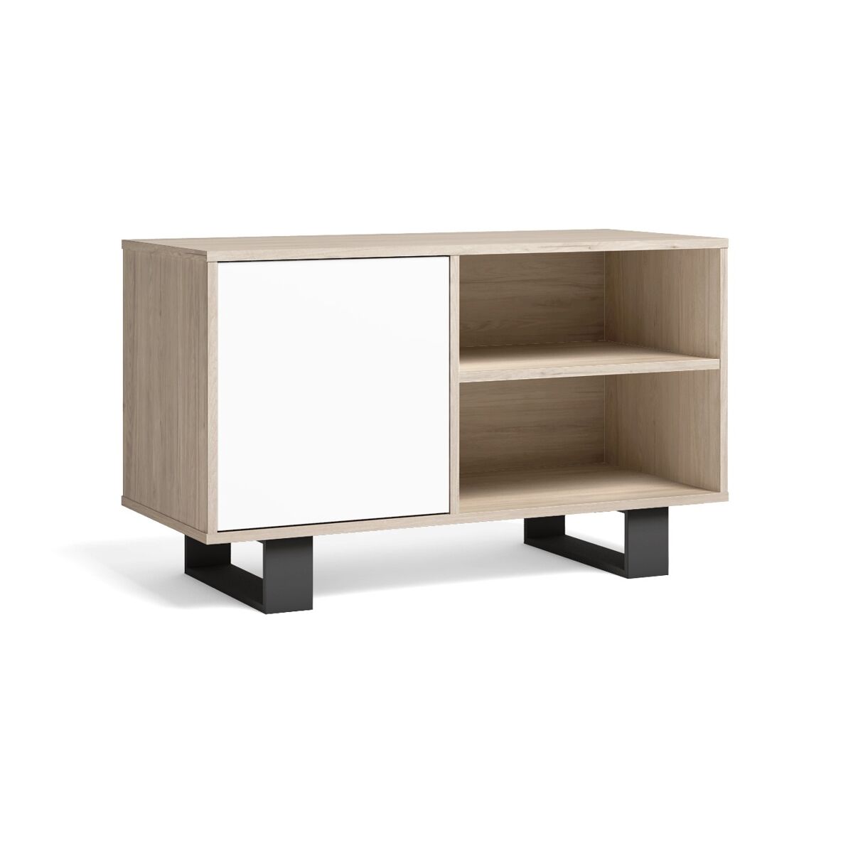 Mueble tv 100 con puerta izquierda, salón comedor, modelo wind, color roble y blanco, 95x40x57cm