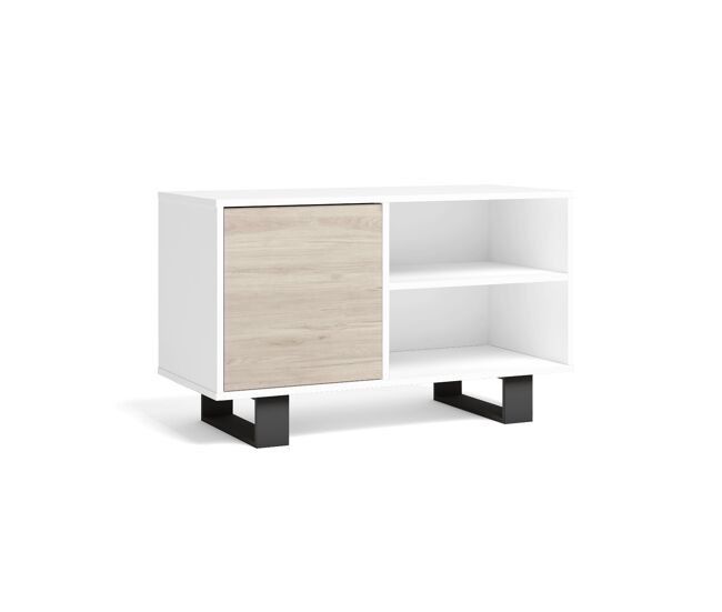 Mueble tv 100 con puerta izquierda, salón comedor, modelo wind, color blanco y roble, 95x40x57cm