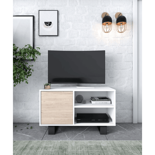 Móvel de TV 100 com porta esquerda, sala de estar, modelo WIND, cor Branco e Carvalho, 95x40x57cm. Móvel de TV 100 com porta esquerda, sala de estar, modelo WIND, cor Branco e Carvalho, 95x40x57cm.