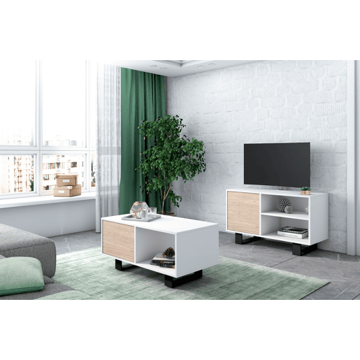 Móvel de TV 100 com porta esquerda, sala de estar, modelo WIND, cor Branco e Carvalho, 95x40x57cm. Móvel de TV 100 com porta esquerda, sala de estar, modelo WIND, cor Branco e Carvalho, 95x40x57cm.