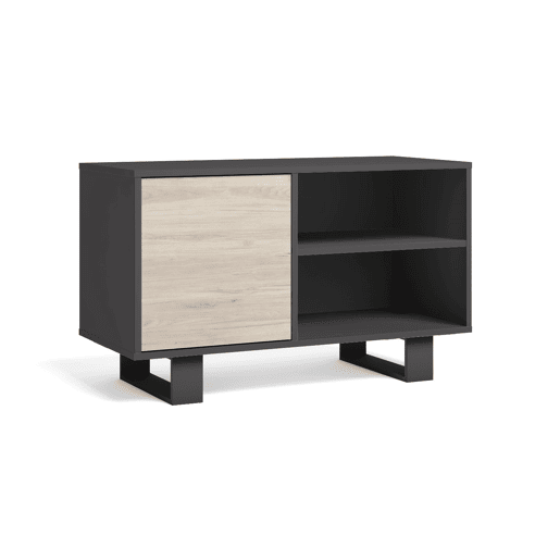 Móvel de TV 100 com porta esquerda, sala de estar, modelo WIND, cor Cinzento antracite e Carvalho, 95x40x57cm.