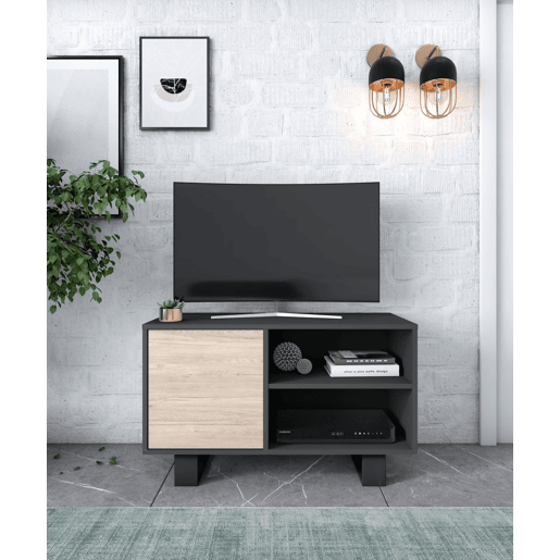Móvel de TV 100 com porta esquerda, sala de estar, modelo WIND, cor Cinzento antracite e Carvalho, 95x40x57cm.