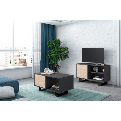 Móvel de TV 100 com porta esquerda, sala de estar, modelo WIND, cor Cinzento antracite e Carvalho, 95x40x57cm.