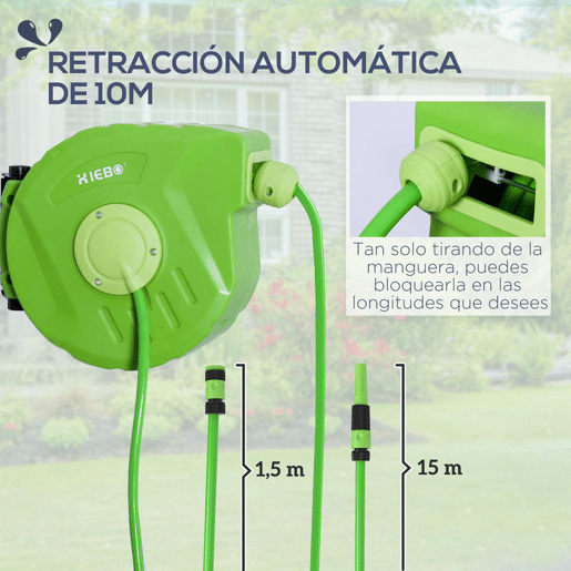Outsunny Carretel para Mangueira 10m+1m Enrolador de Mangueira Montado na Parede Enrolador Automático 180º Giratório 35,5x11,x5x27,5cm Verde