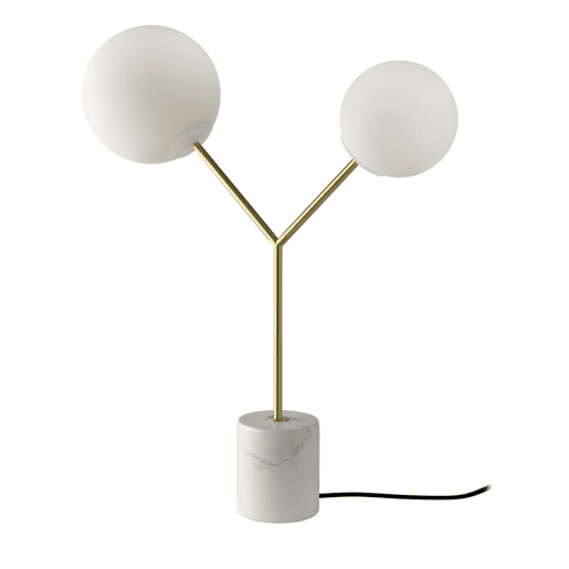ANGEL CERDA Candeeiro de mesa em mármore branco, aço dourado e vidro branco