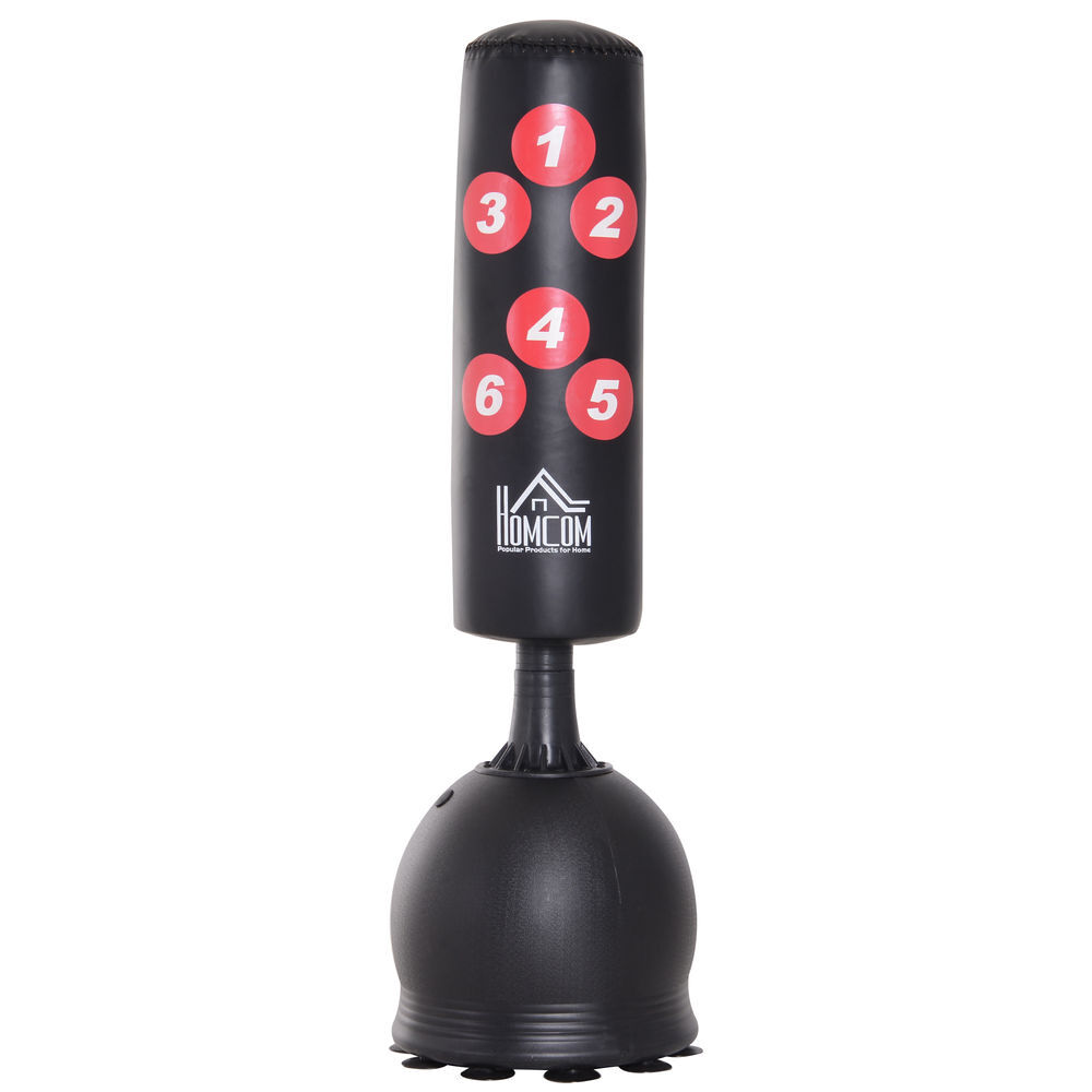 Homcom saco de boxeo de pie 165 cm con base rellenable de agua 22,5 kg o arena 27,5 kg y ventosas de goma para adultos y niños 50x50x165 cm negro