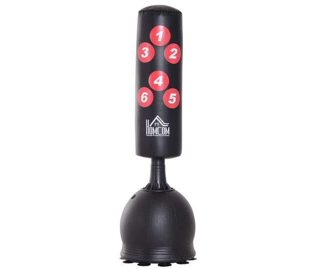Homcom saco de boxeo de pie 165 cm con base rellenable de agua 22,5 kg o arena 27,5 kg y ventosas de goma para adultos y niños 50x50x165 cm negro