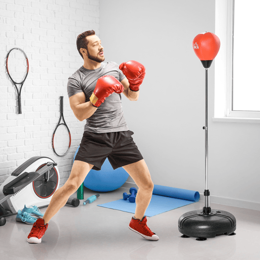 HOMCOM Saco de Boxe de Pé com Altura Ajustável de 4 Níveis Punching Ball com Base Preenchida Luvas e Inflador para Adultos e Adolescentes Ø45x132-158cm Preto e Vermelho