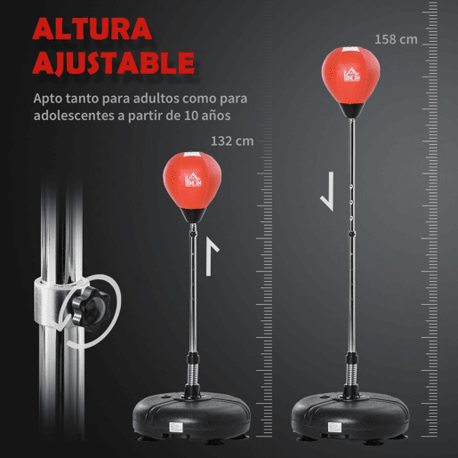 HOMCOM Saco de Boxe de Pé com Altura Ajustável de 4 Níveis Punching Ball com Base Preenchida Luvas e Inflador para Adultos e Adolescentes Ø45x132-158cm Preto e Vermelho