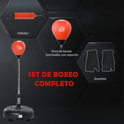 HOMCOM Saco de Boxe de Pé com Altura Ajustável de 4 Níveis Punching Ball com Base Preenchida Luvas e Inflador para Adultos e Adolescentes Ø45x132-158cm Preto e Vermelho