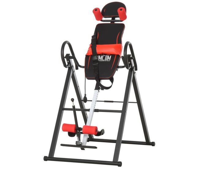 Homcom tabla de inversión plegable con bloqueo de inclinación, ángulo ajustable hasta 90°, banco de inversión con cinturón y almohadillas de seguridad para aliviar espalda, mejorar la circulación rojo