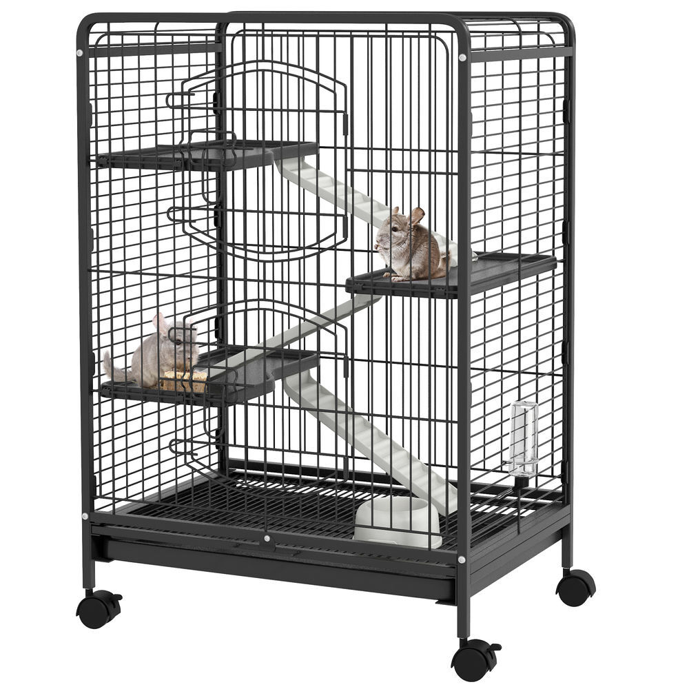 Pawhut jaula para hurones jaula para animales pequeños con ruedas rampa cuenco botella de agua y bandeja extraíble recinto para conejos chinchillas 61,5x44x95 cm negro